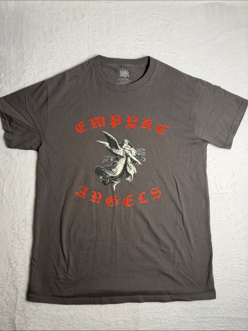 Empyre Charcoal Tee with Red Logo and Cream Angel Graphic Size Medium